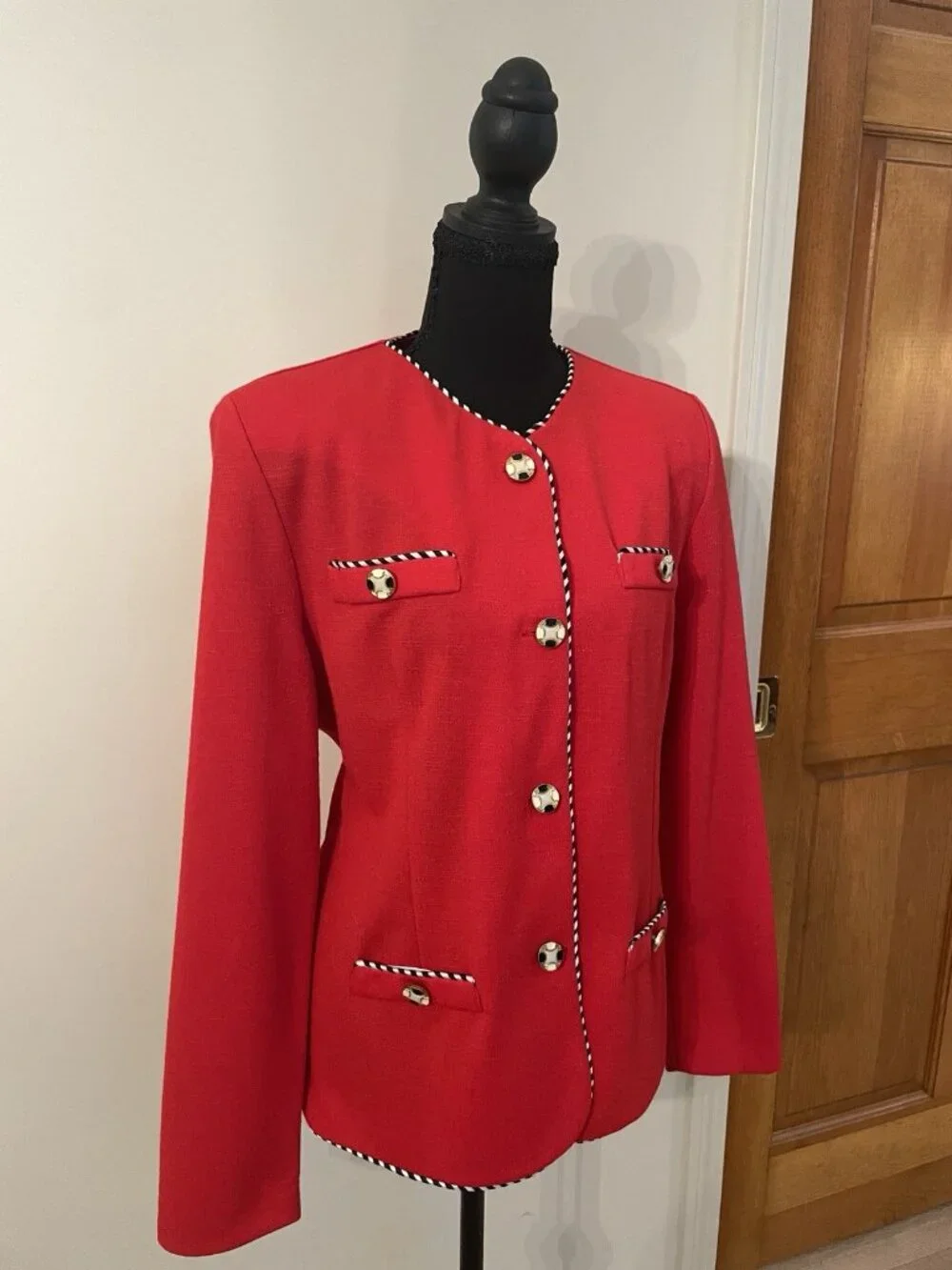 Vintage Red Suit Jacket Blazer, Striped Trim, Retro Dressy Buttons Old Money, 12